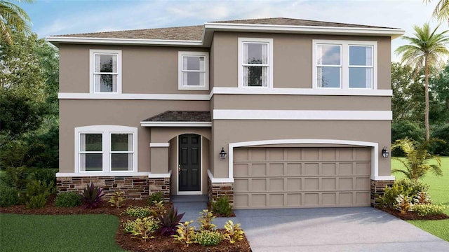 view of front of house with stone siding, an attached garage, concrete driveway, and stucco siding