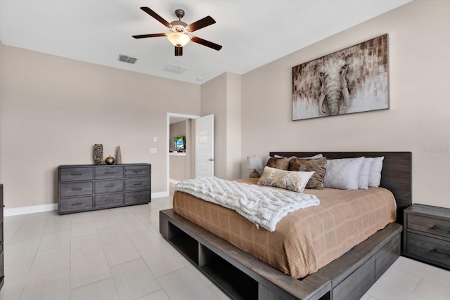 bedroom with ceiling fan, visible vents, and baseboards