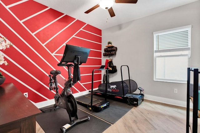 exercise room with a ceiling fan, baseboards, and wood finished floors