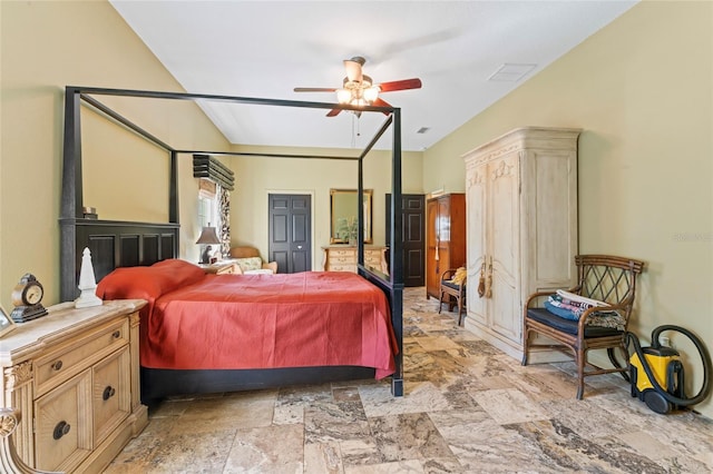 bedroom with a ceiling fan, visible vents, and stone finish flooring