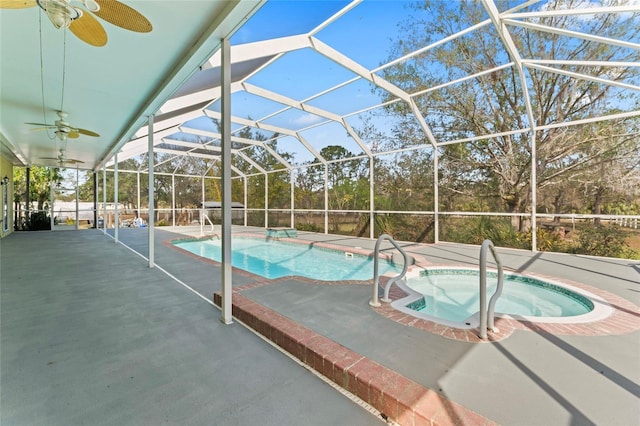 pool with a lanai, ceiling fan, an in ground hot tub, and a patio