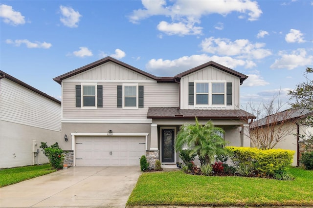 craftsman inspired home featuring driveway, a garage, stone siding, a front lawn, and board and batten siding