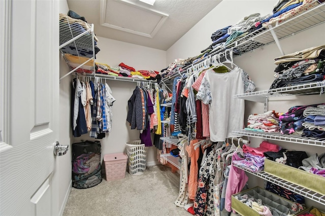 walk in closet with carpet and attic access