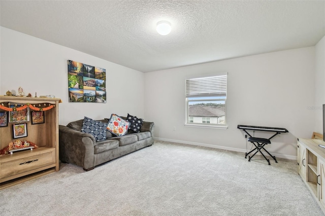 living area with a textured ceiling, baseboards, and carpet flooring