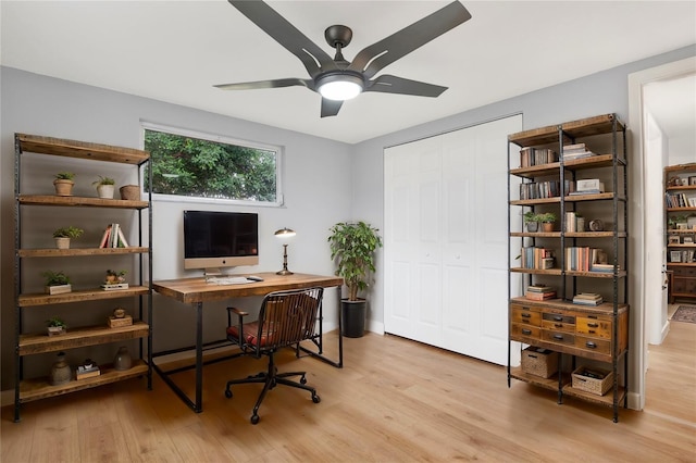 office with a ceiling fan and light wood-style floors