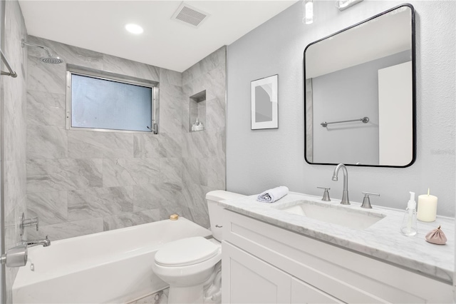 bathroom with marble finish floor, visible vents, toilet, vanity, and  shower combination