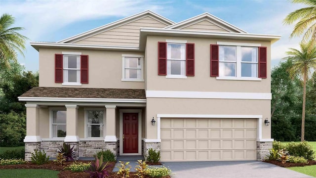 view of front of home featuring stone siding, an attached garage, driveway, and stucco siding