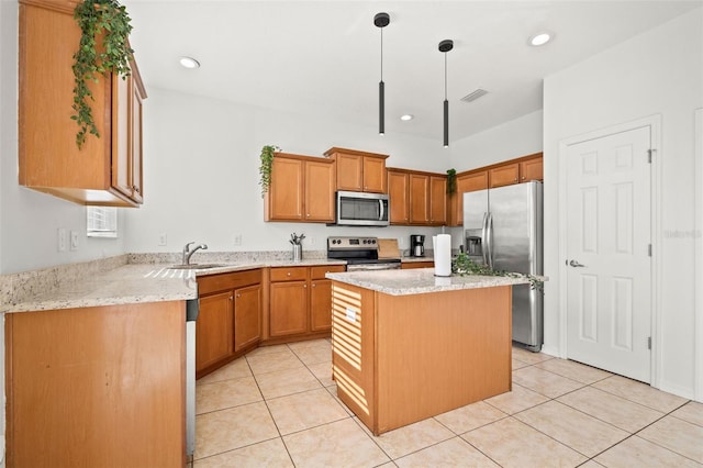 kitchen featuring light tile patterned floors, visible vents, appliances with stainless steel finishes, and a sink