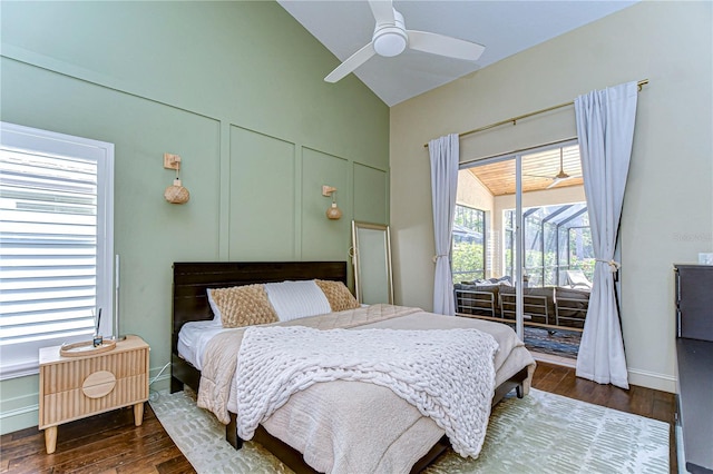 bedroom with lofted ceiling, access to exterior, ceiling fan, and wood finished floors