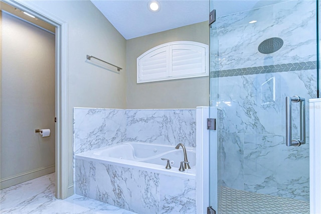 full bath with marble finish floor, a garden tub, baseboards, and a marble finish shower