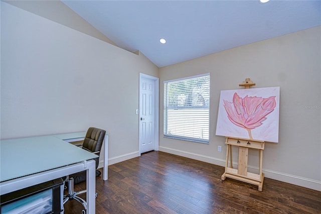 office space featuring lofted ceiling, recessed lighting, wood finished floors, and baseboards