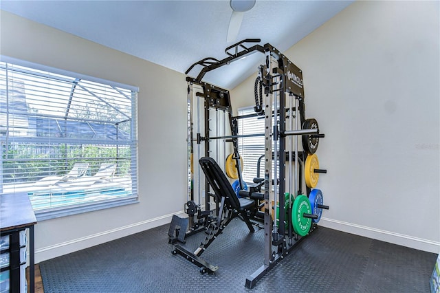 workout room with baseboards