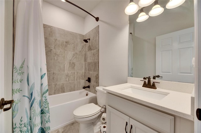 full bath featuring shower / bathtub combination with curtain, vanity, and toilet