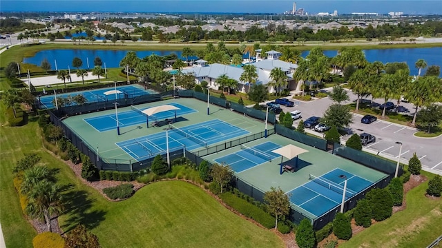 birds eye view of property featuring a water view