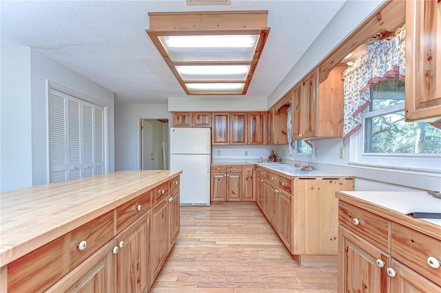 kitchen with a textured ceiling, butcher block counters, light wood-style flooring, and freestanding refrigerator