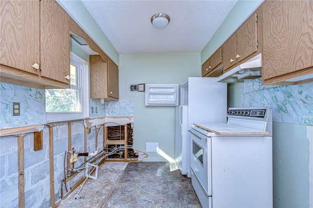 kitchen featuring white electric range oven, tasteful backsplash, light countertops, a textured ceiling, and under cabinet range hood