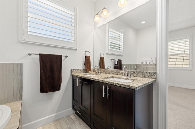 bathroom with baseboards, double vanity, a sink, and a healthy amount of sunlight