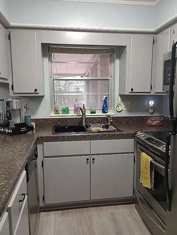 kitchen featuring dishwashing machine, a sink, and stainless steel range with electric cooktop