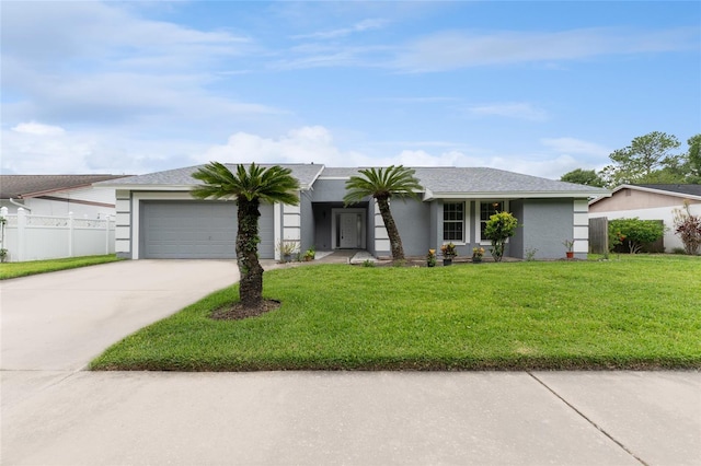 single story home with a garage, concrete driveway, fence, and a front lawn