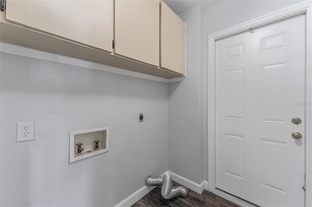 laundry room with cabinet space, baseboards, dark wood-style floors, washer hookup, and electric dryer hookup