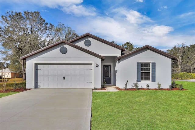 ranch-style home with an attached garage, driveway, a front yard, and stucco siding