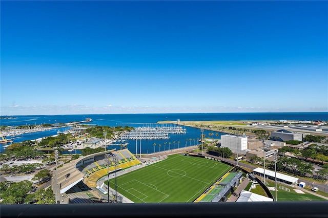 drone / aerial view with a water view