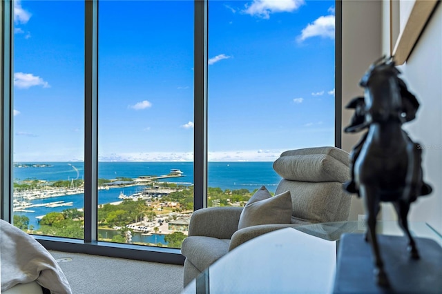 sunroom with a water view