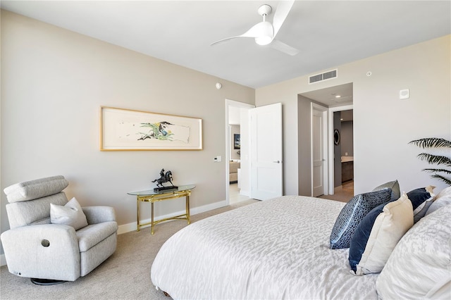 bedroom featuring baseboards, a ceiling fan, visible vents, and light colored carpet