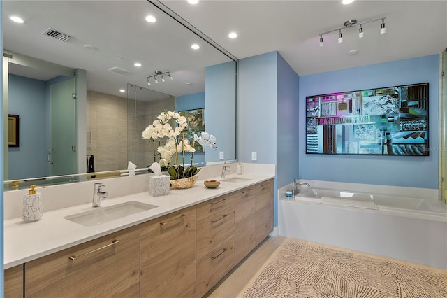 bathroom featuring double vanity, visible vents, a sink, and a bath