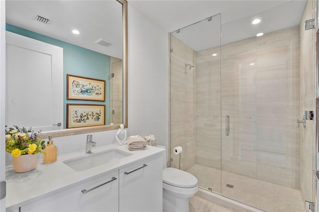 full bathroom with toilet, a shower stall, visible vents, and vanity