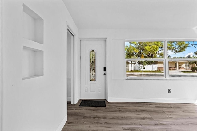 foyer with baseboards and wood finished floors