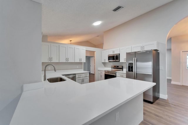 kitchen featuring light countertops, visible vents, appliances with stainless steel finishes, vaulted ceiling, and a sink