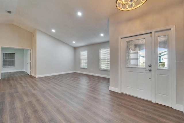 entrance foyer with recessed lighting, dark wood-type flooring, visible vents, baseboards, and vaulted ceiling