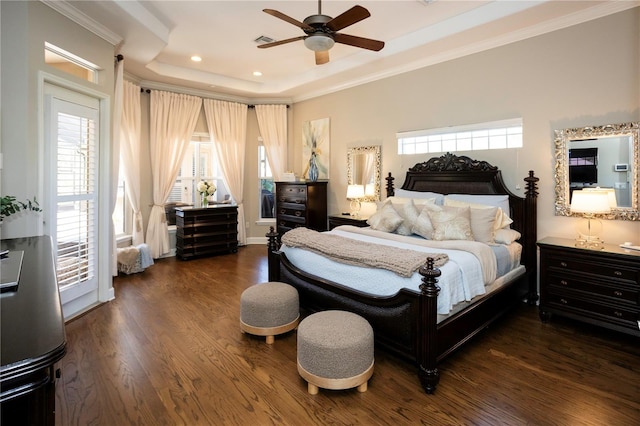 bedroom with multiple windows, ornamental molding, and dark wood-style flooring