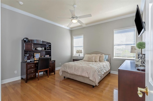 bedroom with ceiling fan, ornamental molding, light wood-style flooring, and baseboards