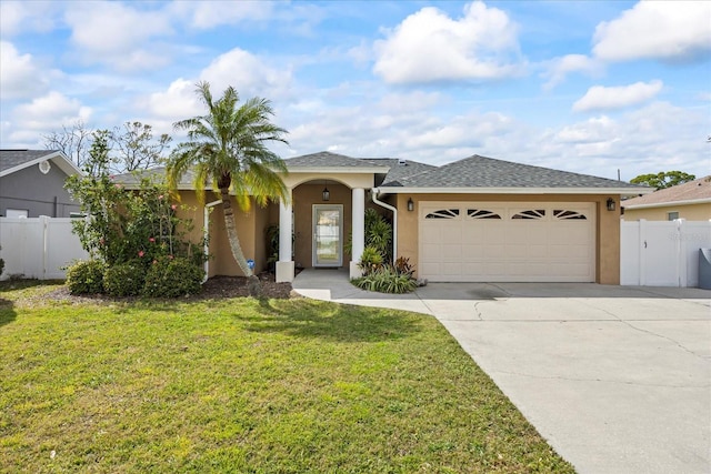 view of front of house with concrete driveway, a front lawn, fence, and stucco siding