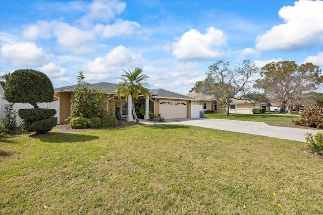 ranch-style home featuring an attached garage, stucco siding, concrete driveway, and a front yard