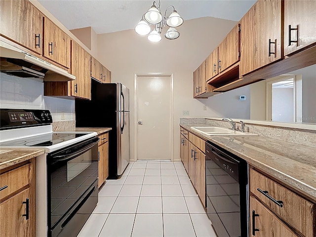 kitchen featuring brown cabinetry, under cabinet range hood, black appliances, a sink, and light tile patterned flooring