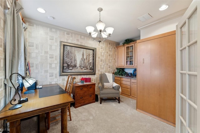 office with wallpapered walls, light colored carpet, crown molding, a chandelier, and recessed lighting