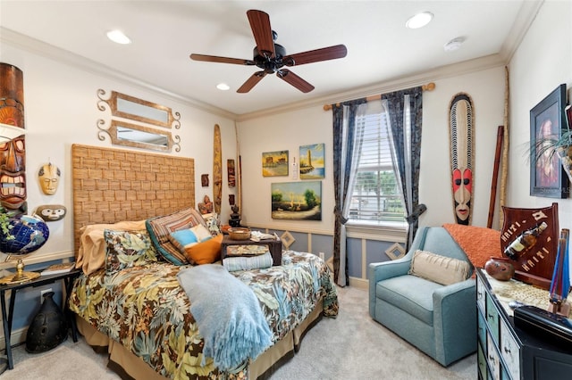 bedroom with recessed lighting, light colored carpet, crown molding, and ceiling fan