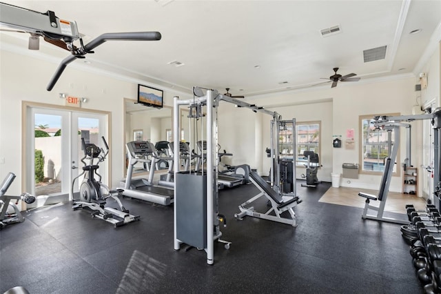 exercise room featuring ornamental molding, french doors, visible vents, and baseboards