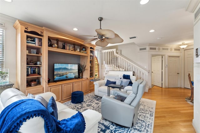 3815 Cherrybrook Loop, Fort Myers, FL 33966 - living room with ceiling fan, light wood-style flooring, recessed lighting, visible vents, and stairway