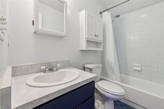 bathroom featuring toilet, tile patterned flooring, vanity, and shower / tub combo with curtain