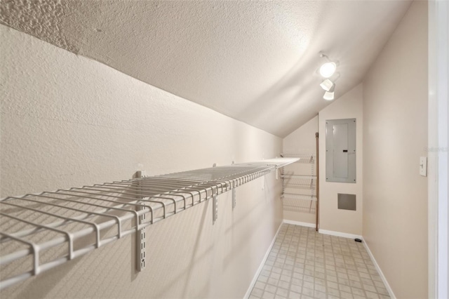 spacious closet with electric panel and vaulted ceiling