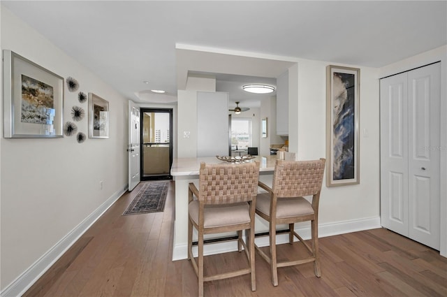 dining space featuring dark wood-style floors and baseboards