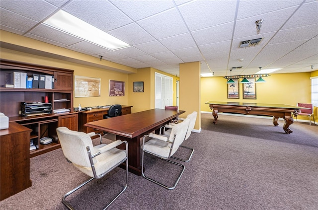 interior space with billiards, baseboards, visible vents, carpet flooring, and a paneled ceiling