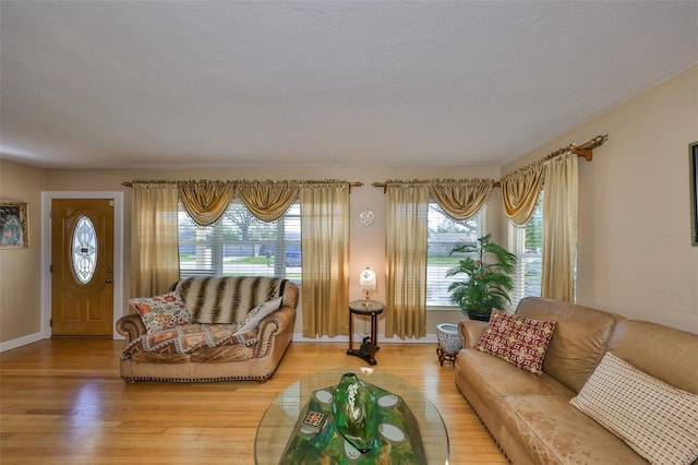 living room with light wood finished floors and baseboards