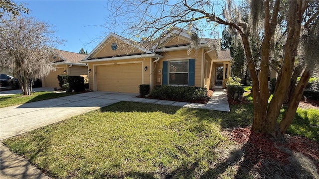 view of front of home with a garage, a front yard, and concrete driveway