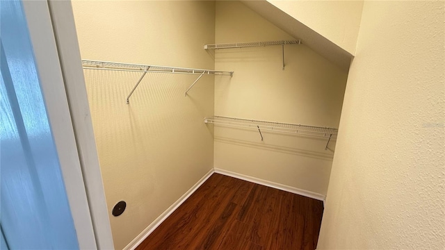 walk in closet with dark wood-style flooring