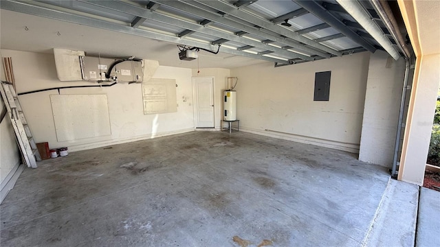 garage with electric panel, electric water heater, and a garage door opener